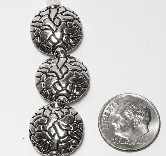 Antiqued Silver Pewter Puffed Flat Round Coin Beads, 16mm, 5 pcs