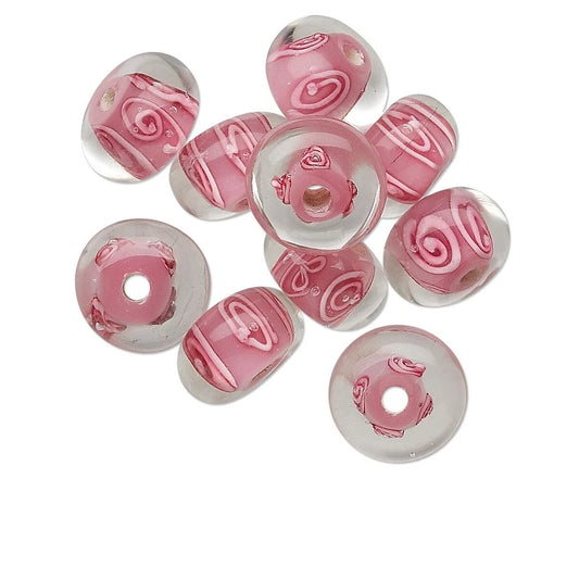 Lampworked Glass Clear & Pink Swirl Rondelle Beads, 14x8mm, 10 pcs