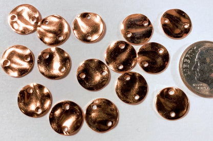 Copper Plated Hammered Round Disc 2-Hole Connectors, 10mm, 12 pcs