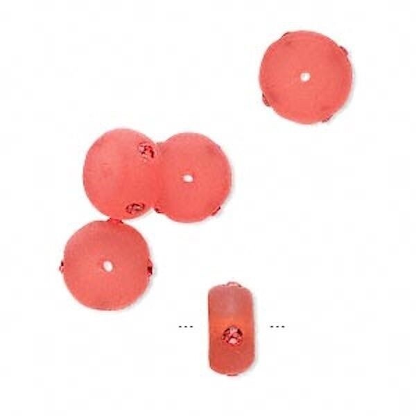Frosted Red Resin Rondelle Beads with Swarovski Crystals, 10x5mm, 5 pcs