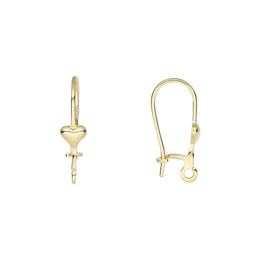 A pair of gold fishhook ear wires with a small heart charm on one side and a side-view of the hook on the other, set against a plain white background.