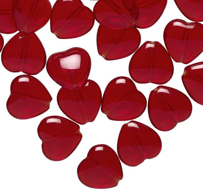 Czech Pressed Glass Heart Beads, Transparent Ruby Red, 1 Strand – 6mm, 8mm, or 10mm