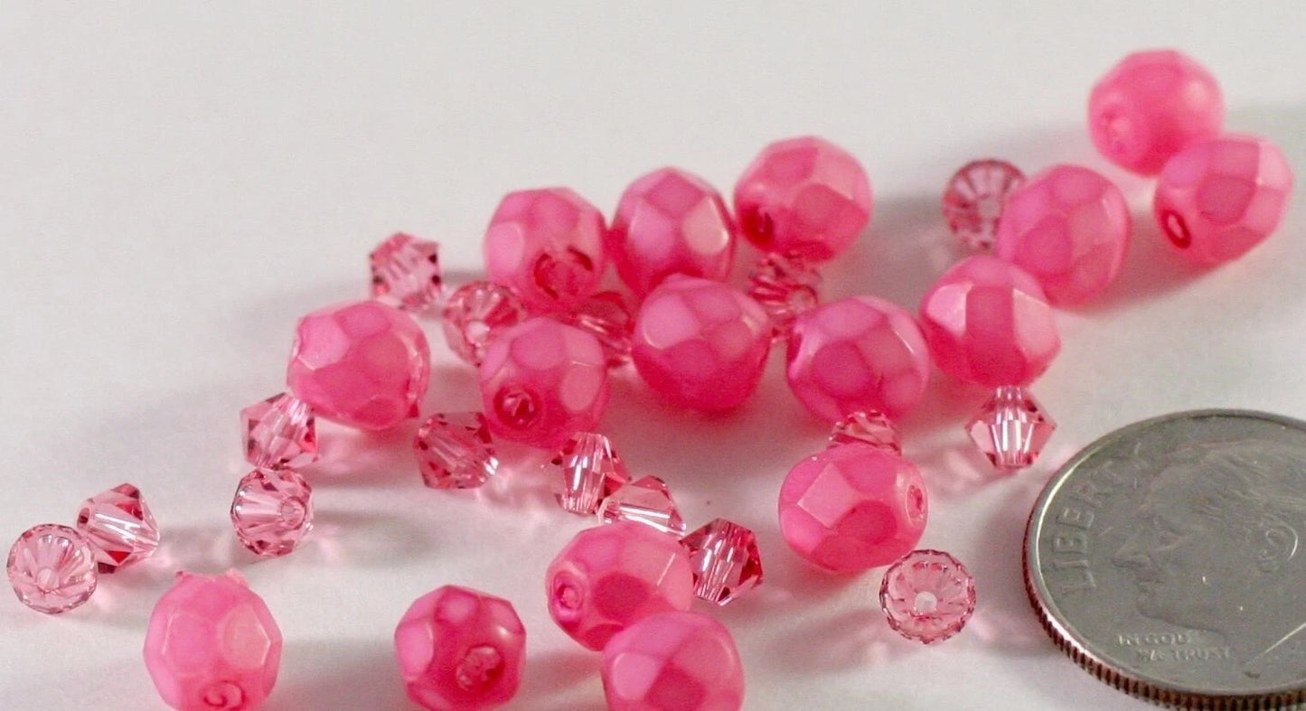Czech Fire-Polished & Swarovski Crystal Bead Mix, Fuchsia/Light Rose, 32 pcs