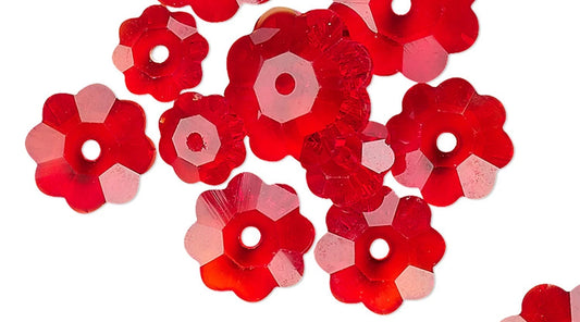 Bead Mix, 12 Transparent Red Margarita Flower Glass Crystal of 3 Graduated Sizes
