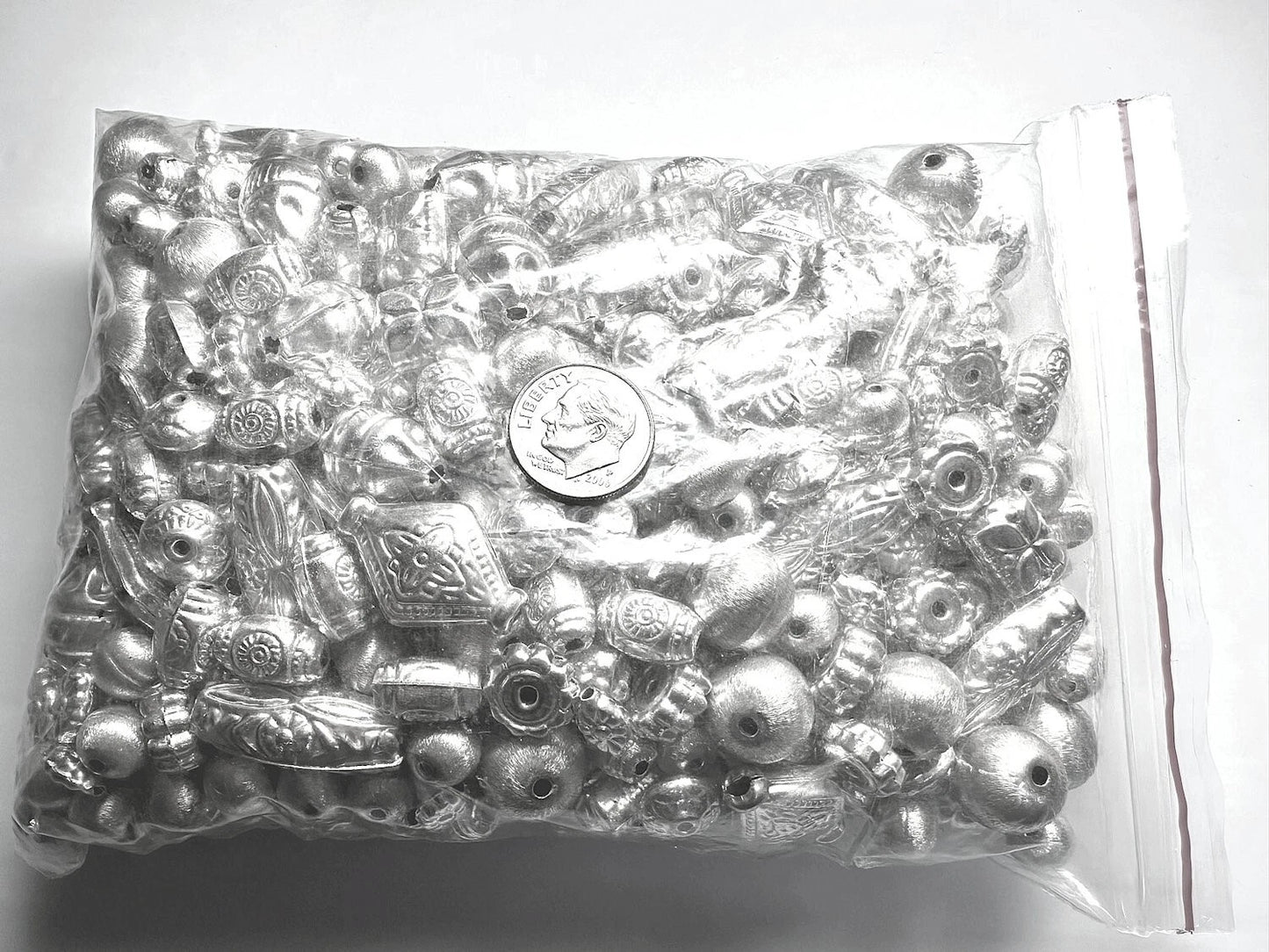 Silver Plated Brass Hollow Bead Mix, Assorted Shapes, 250g