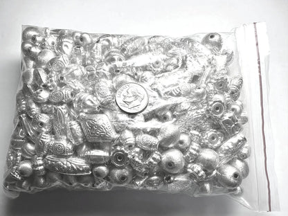 Silver Plated Brass Hollow Bead Mix, Assorted Shapes, 250g