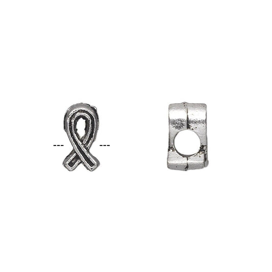Antiqued Silver Pewter Awareness Ribbon Beads, 11x6mm, 4mm Hole, 20 pcs