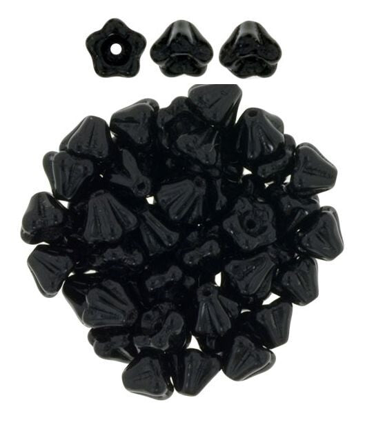 Opaque Jet Black Czech Glass Baby Bell Flower Beads 6x4mm, 50 pcs