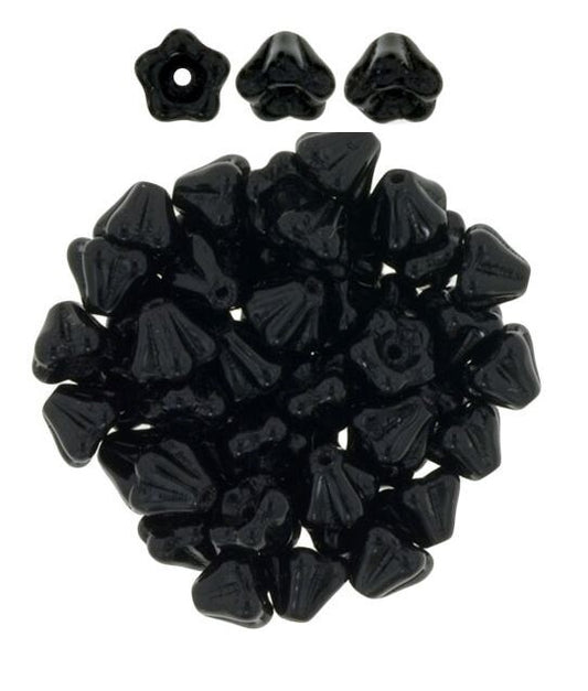 Opaque Jet Black Czech Glass Baby Bell Flower Beads 6x4mm, 50 pcs
