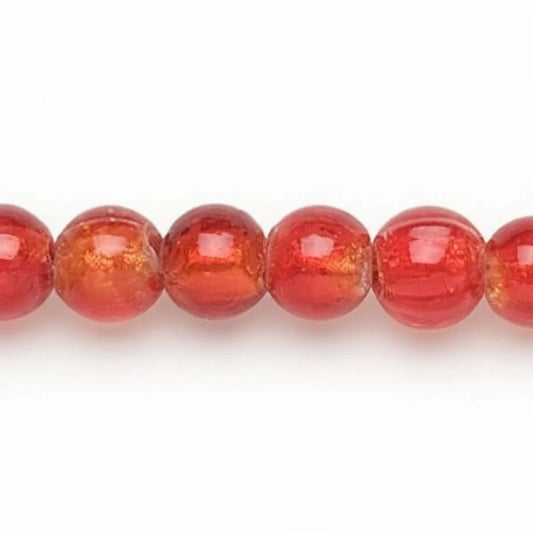 Lampwork Glass Round Beads, Fire Orange Red with Silver Foil, 9-13mm, 1 Strand