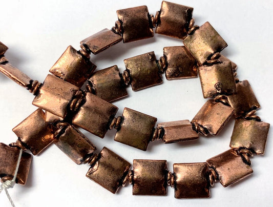 Antiqued Copper Plated Puffed Square Beads with Collar, 8.5x10mm, 1 Strand (approx. 27–30)