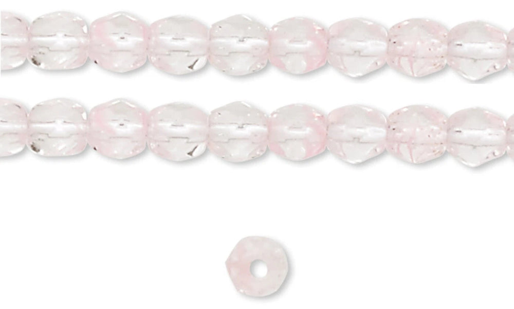 Faceted round beads in a pale pink and clear color, shown in two horizontal strands with a single loose bead below on a white background.