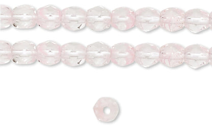 Faceted round beads in a pale pink and clear color, shown in two horizontal strands with a single loose bead below on a white background.