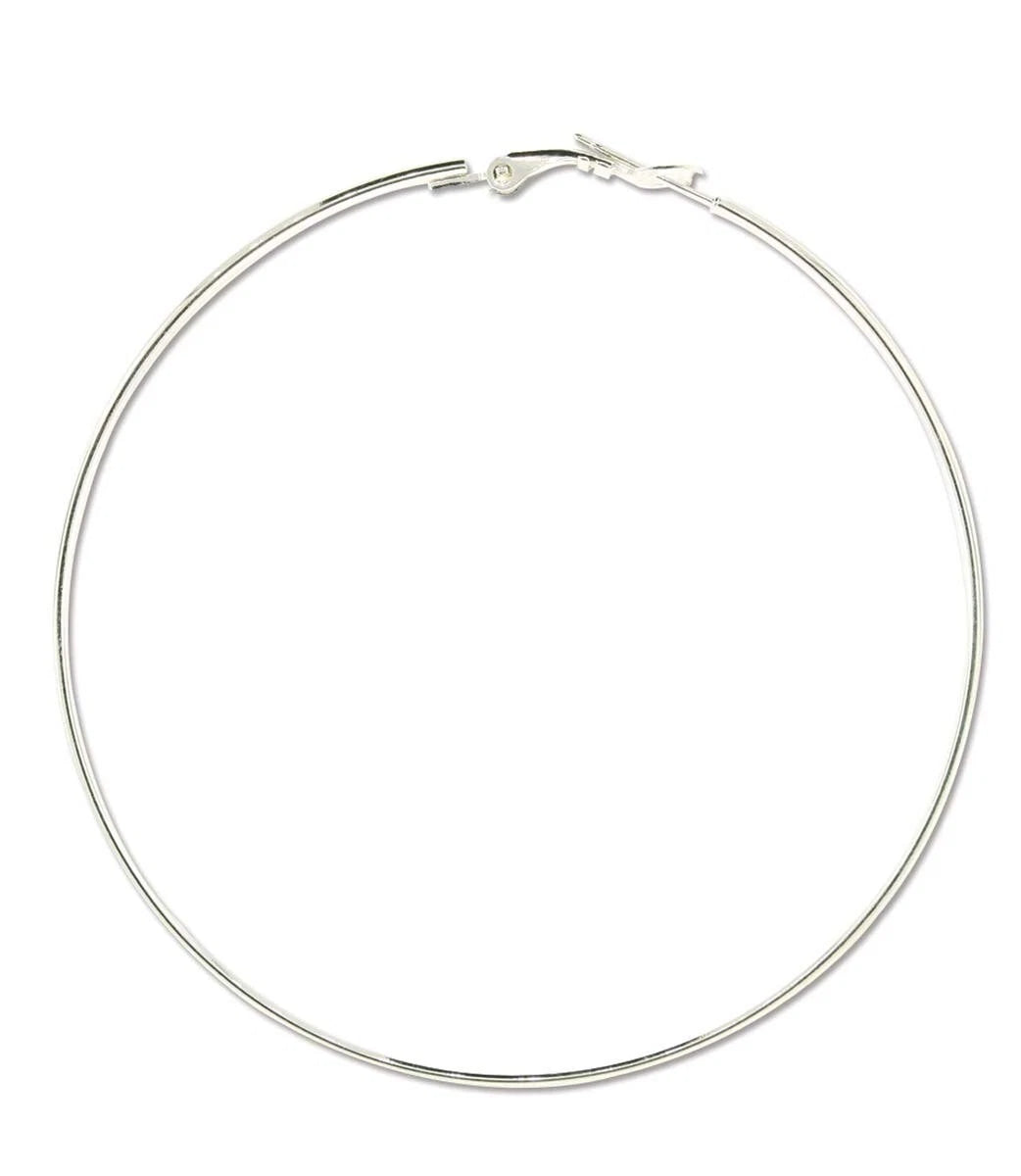 A thin silver hoop earring with a small lobster clasp closure, shown flat on a solid white background.