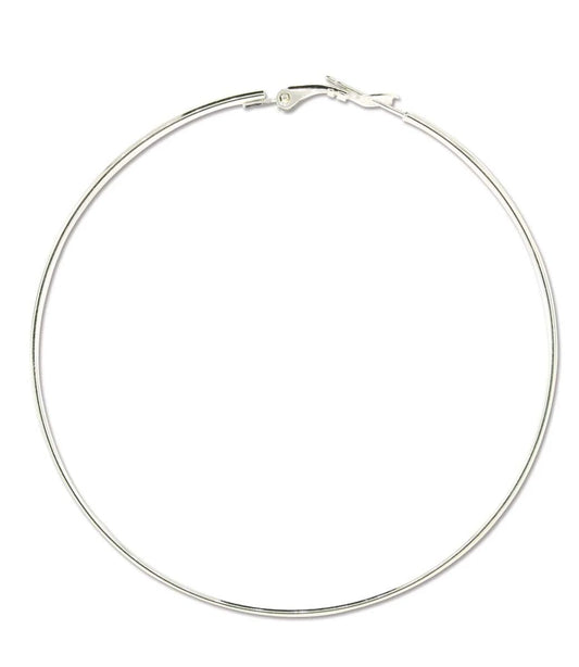 A thin silver hoop earring with a small lobster clasp closure, shown flat on a solid white background.