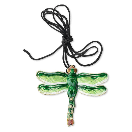 Cloisonné Copper Green Dragonfly Pendant with Articulating Tail 52x47mm on Black Cord (1 pc)