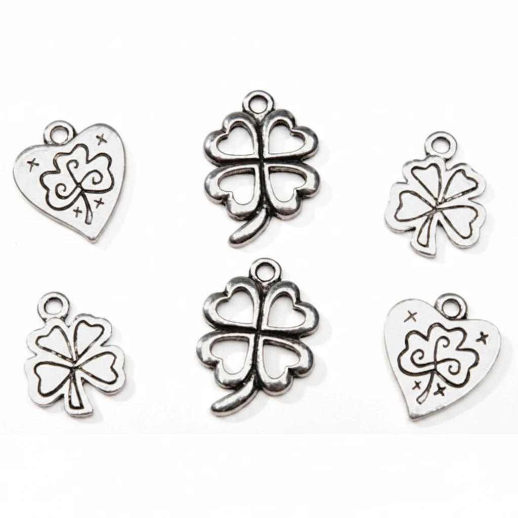 Antiqued Silver Brass Shamrock Clover & Heart Drop Charm Mix, 8-18mm - 12 pcs