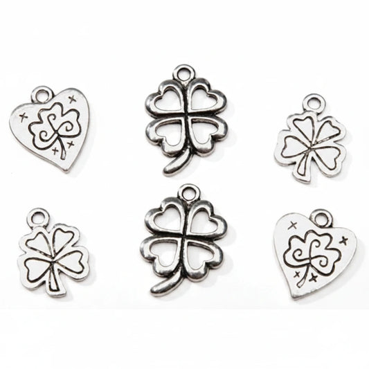 Antiqued Silver Brass Shamrock Clover & Heart Drop Charm Mix, 8-18mm - 12 pcs