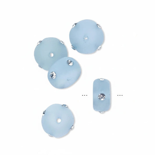 Frosted Blue Resin Rondelle Beads with Swarovski Crystals, 10x5mm, 5 pcs