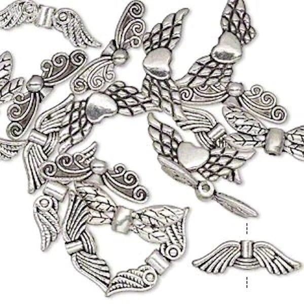 Antiqued Silver Pewter Double-Sided Wing Beads, Assorted, 20 pcs