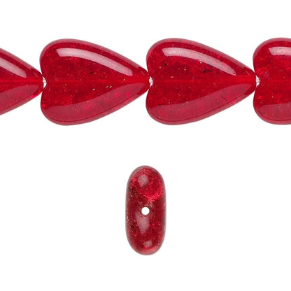 Czech Crackle Glass Ruby Red Heart Beads, 17x13mm, 1 Strand (approx. 21)