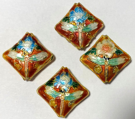 Multicolor Cloisonné Diamond Dragonfly & Flower Beads 19x6mm, 4 pcs