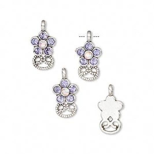 Silver Pewter Flower Charms with Swarovski Tanzanite Crystal, 14x7mm, 4 pcs