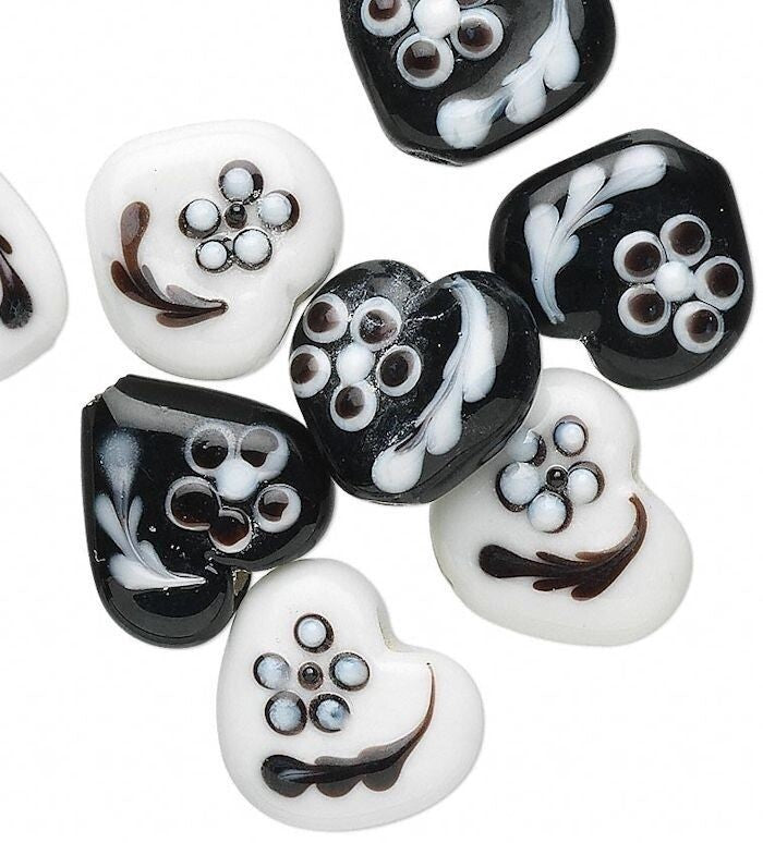 Lampwork Glass 14x16mm Heart Beads with Flowers, Black & White, 8 pcs