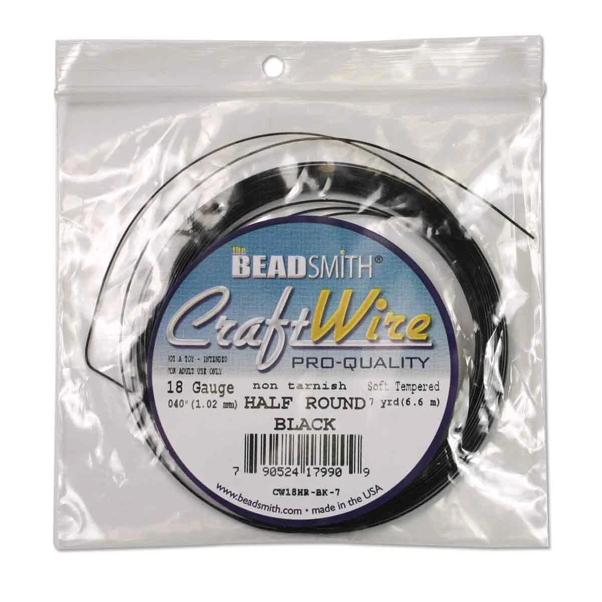 Non-Tarnish Black Plated Copper Half Round Wire, 18 Gauge (1.02mm), 7 Yards