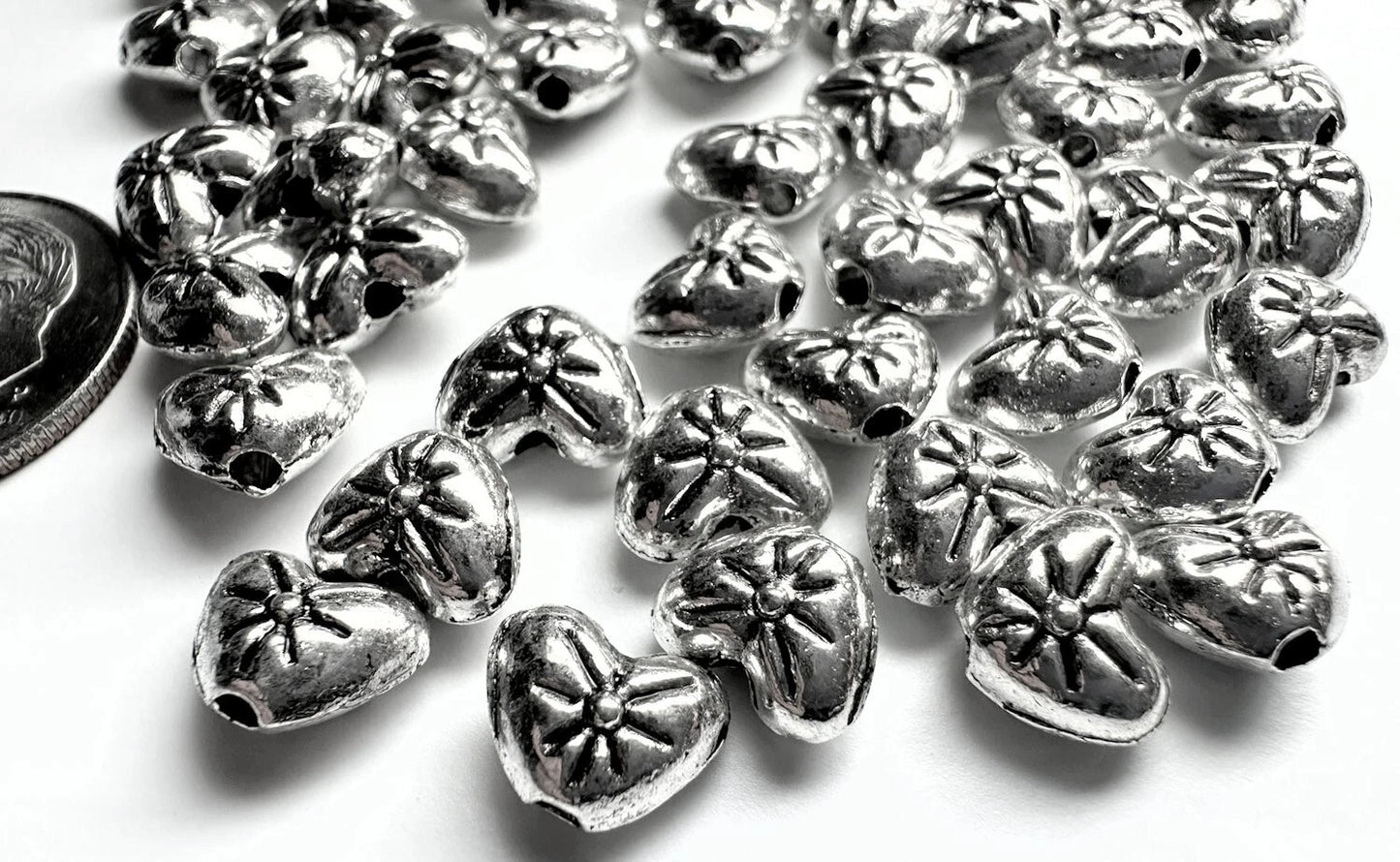 Antiqued Silver Plated Double-Sided Heart with Flower Beads, 8x6mm, 50 pcs