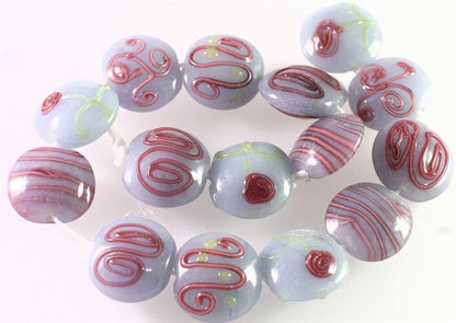 Lampwork Glass Gray & Pink 20x10mm Puffy Coin Beads, 10 pcs