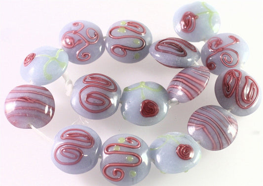 Lampwork Glass Gray & Pink 20x10mm Puffy Coin Beads, 10 pcs
