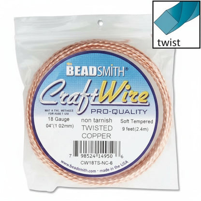 Beadsmith Non-Tarnish Natural Copper Twisted Square Wire, 18 Gauge (1.02mm), 8 Feet
