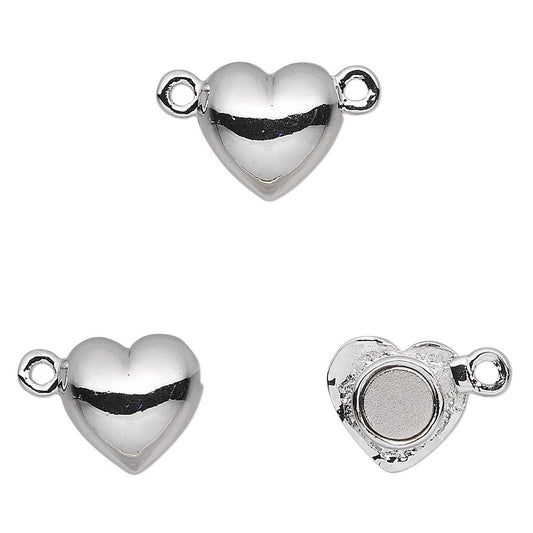 Rhodium Plated Pewter Smooth Heart Magnetic Clasp, 12x12mm - 1 set