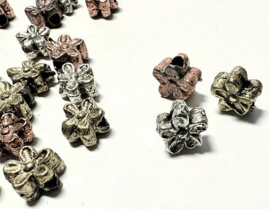 Antiqued Mixed Finish Brass Double-Sided Flower Beads, 6mm, 50g (approx. 35-40 pcs)