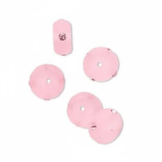 Frosted Pink Resin Rondelle Beads with Swarovski Crystals, 10x5mm, 5 pcs