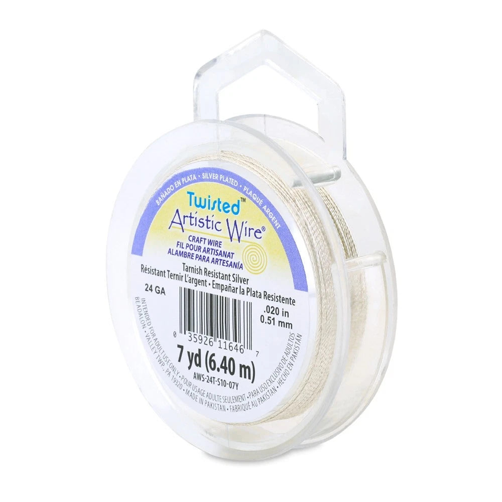 Beadalon Non-Tarnish Silver Plated Copper Twisted Round Wire, 24 Gauge, 7 Yards