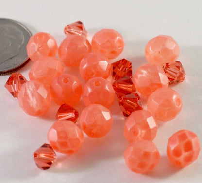 Czech Vintage Frosted Red-Orange & Swarovski Bead Mix, 24 pcs
