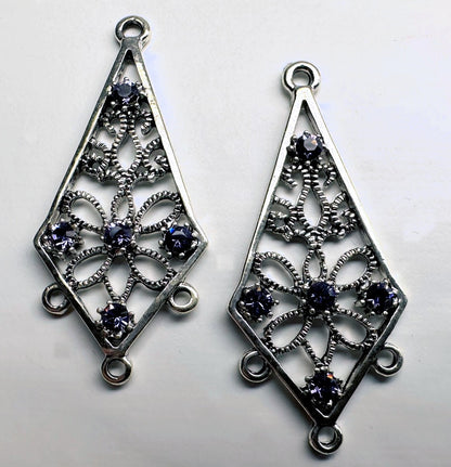 Antiqued Silver Pewter Kite Earring Components with Swarovski Tanzanite Crystal, 34x18mm, 2 pcs