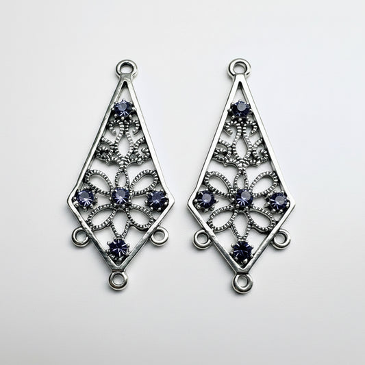 Antiqued Silver Pewter Kite Earring Components with Swarovski Tanzanite Crystal, 34x18mm, 2 pcs