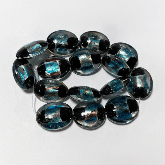 Lampwork Glass Puffed Oval Beads, Clear/Black with Multicolor Foil, 24-26mm, 1 strand