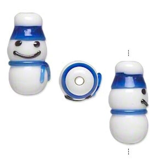 Lampwork Glass Snowman with Blue Hat 23x11mm Beads, 4 pcs