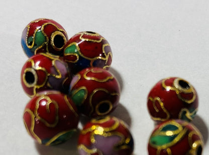 Multicolor Red Cloisonné Round Beads 8mm, 10 pcs