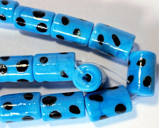 Lampwork Glass Turquoise Blue with Black Polka Dot Tube Beads, 16x10mm, 1 Strand (approx. 25)