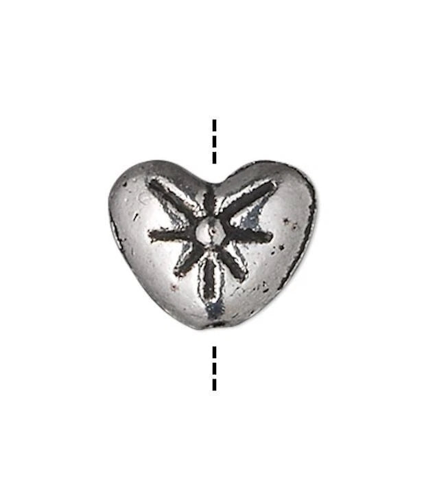 Antiqued Silver Plated Double-Sided Heart with Flower Beads, 8x6mm, 50 pcs
