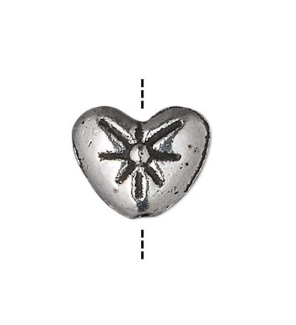 Antiqued Silver Plated Double-Sided Heart with Flower Beads, 8x6mm, 50 pcs