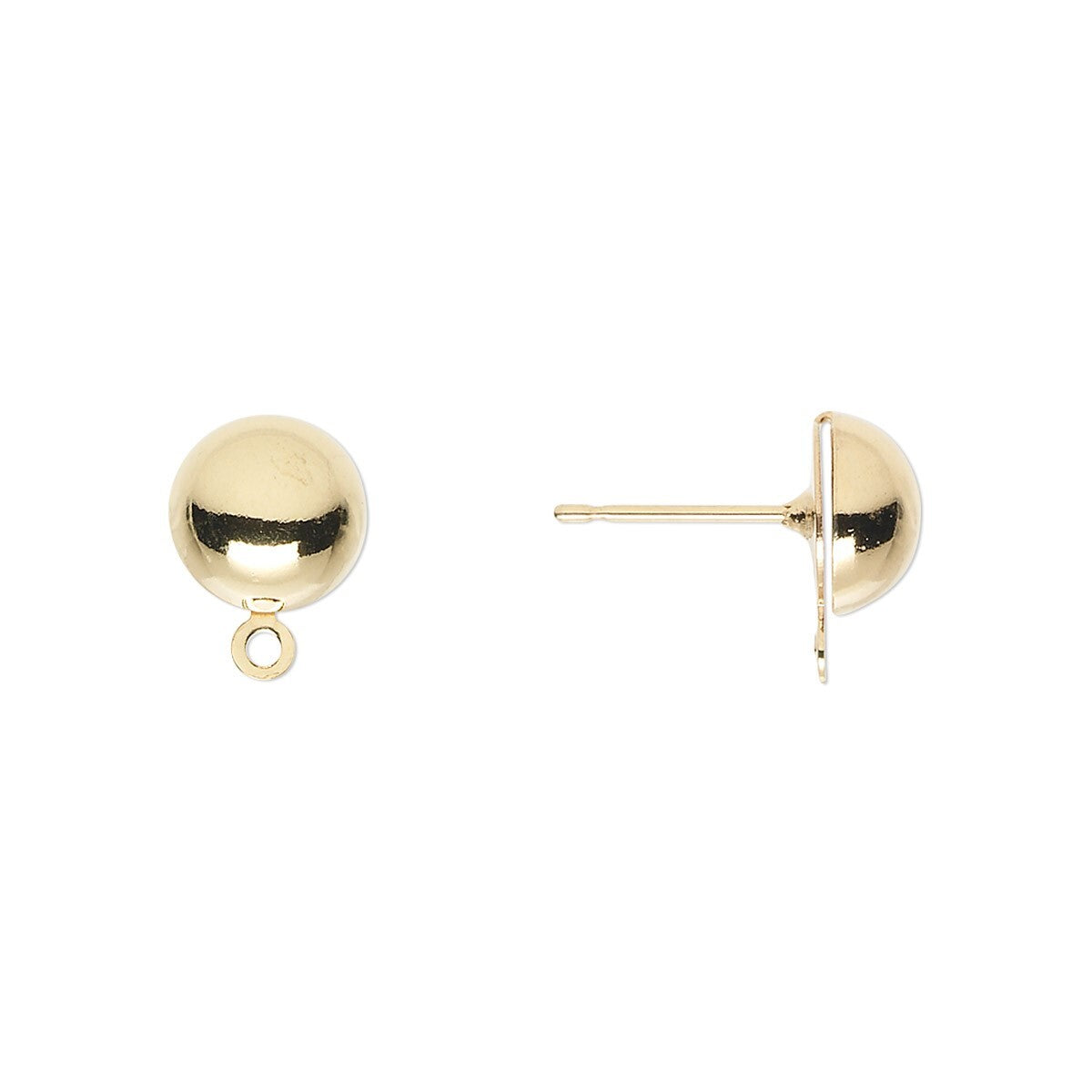 Gold-Plated Brass 8mm Half-Ball Ear Studs with Closed Loop Drop, 10 pcs