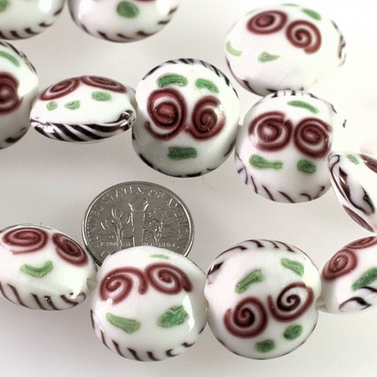 Lampwork Glass Puffed Coin Beads, White/Black/Burgundy Swirls, 20mm, 10 pcs