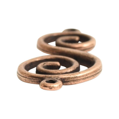 An antique bronze metal spiral charm with a pre-drilled hole, shown on a plain white background.