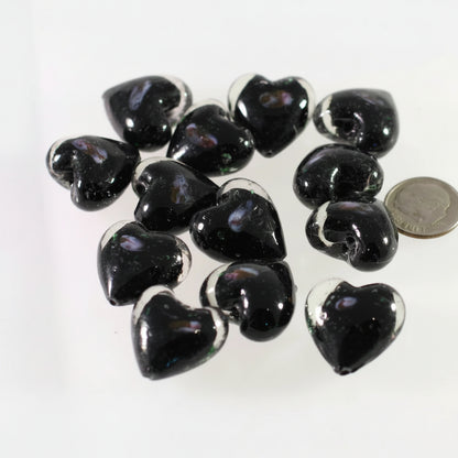 Lampworked Glass Clear Puffed Heart Beads, Black & Pink Rose, 20-22mm, 1 Strand